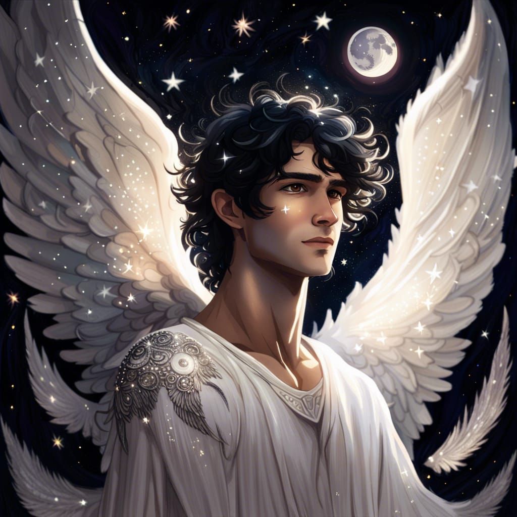 Handsome Angel in Moonlit Clearing: Fantasy Art
