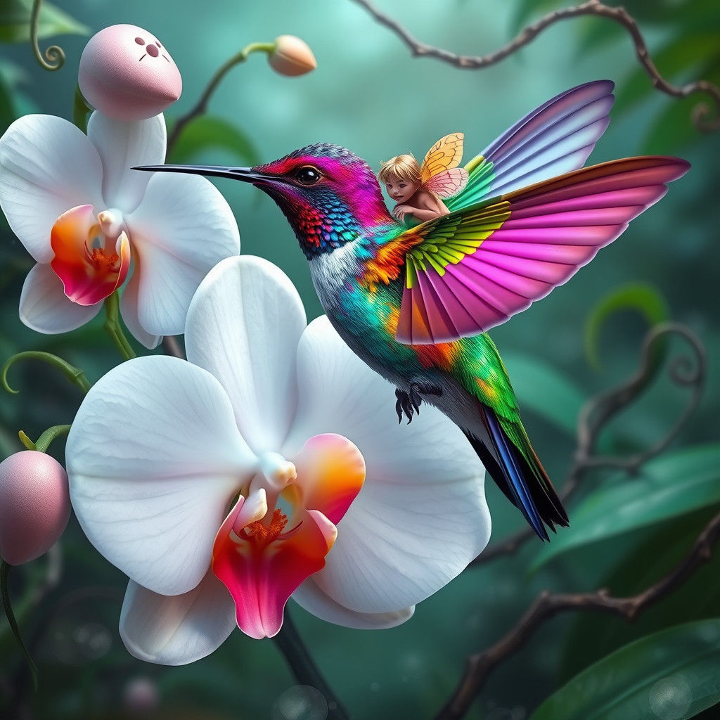 Rainbow Hummingbird and Fairy in Astral Illustration