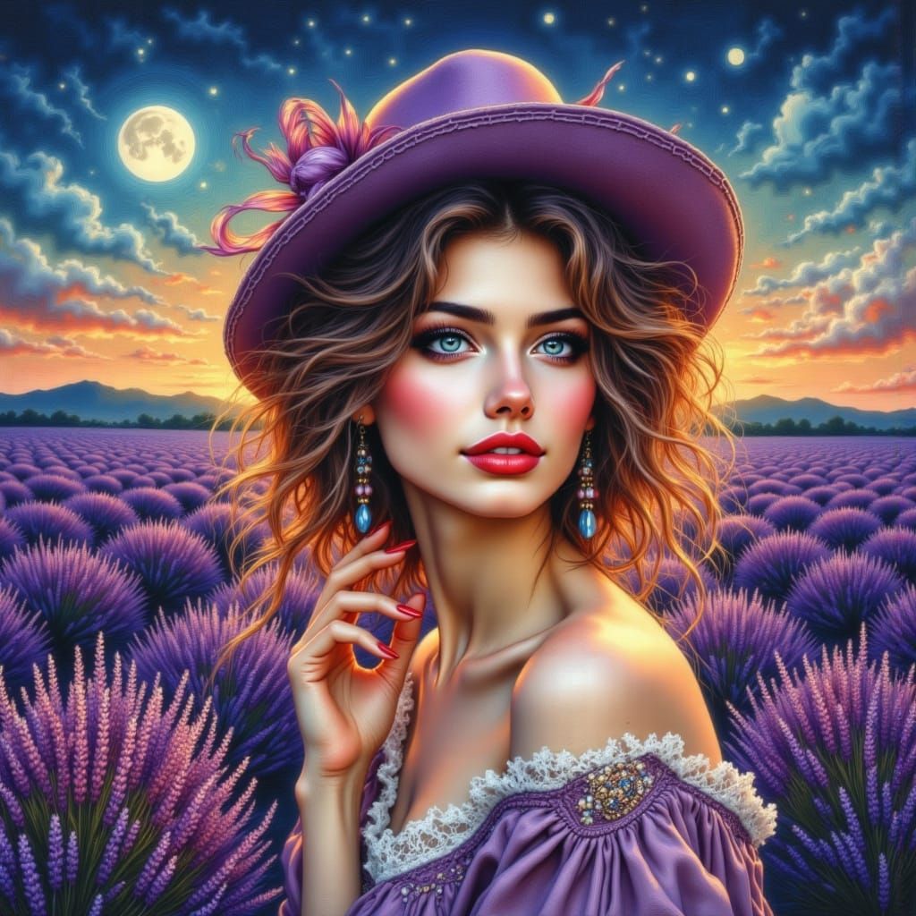 Elegant British Beauty in Lavender Field at Sunset