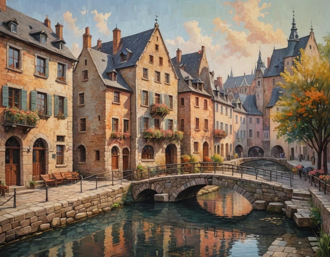 Romantic Riverside Town in Impasto Style