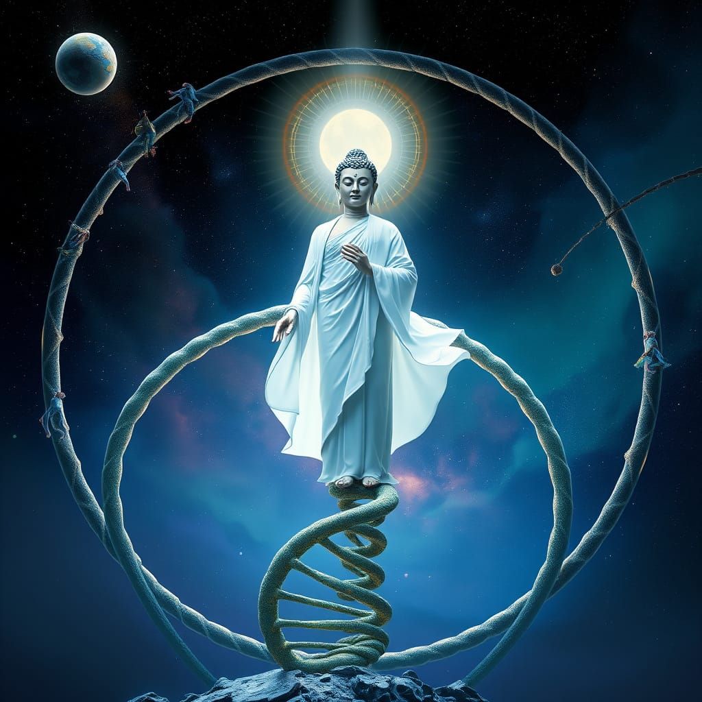 Buddha in the circle of life standing on a spiraling DNA Str...
