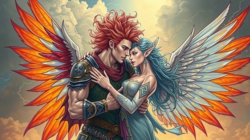Fiery Divine Couple in Ethereal Embrace