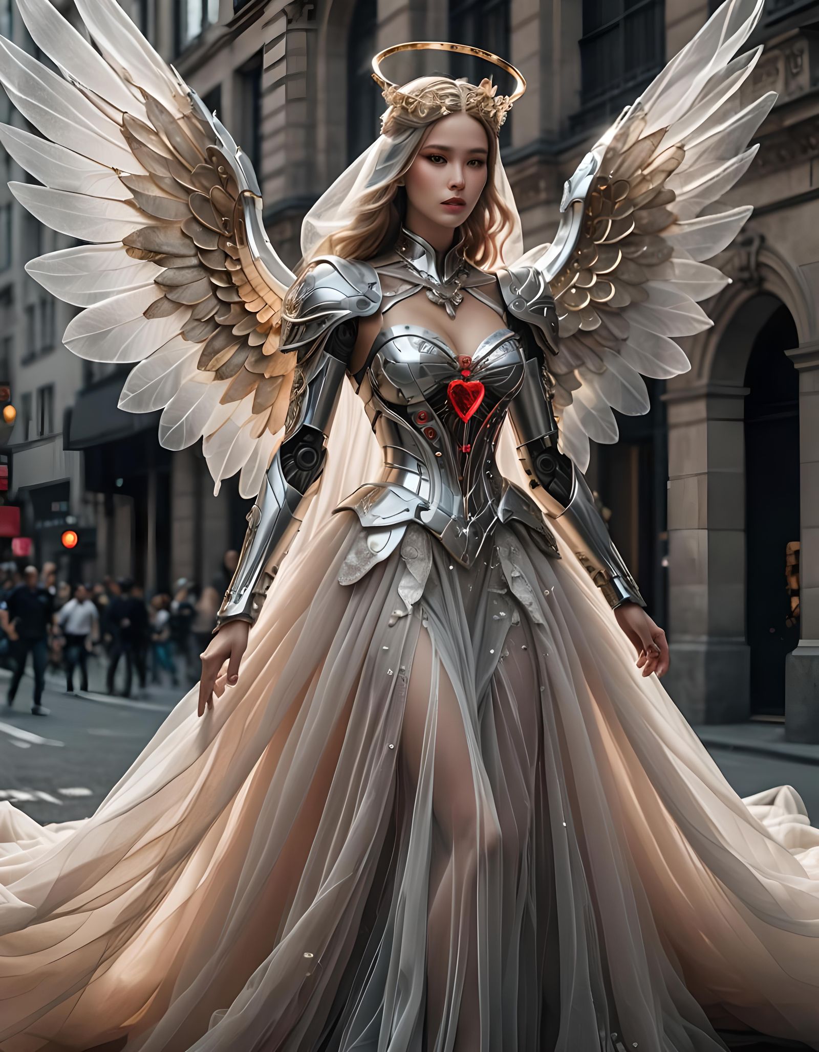 Android Robot in Tulle Veil and Angel Wings