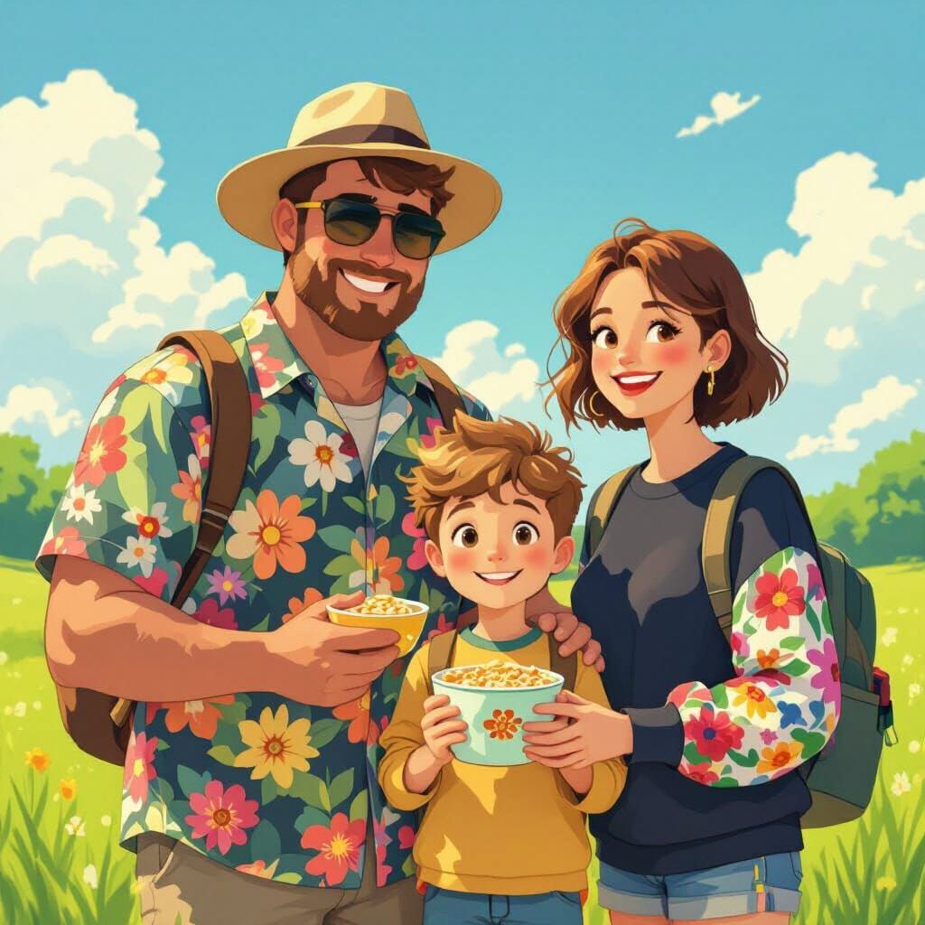 Happy Family in Meadow: Ghibli-Inspired Scene