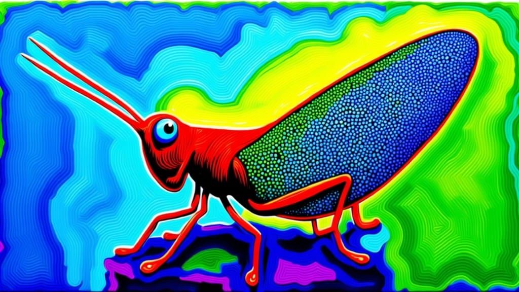 Vibrant Neon Grasshopper in Abstract Pointillist Style
