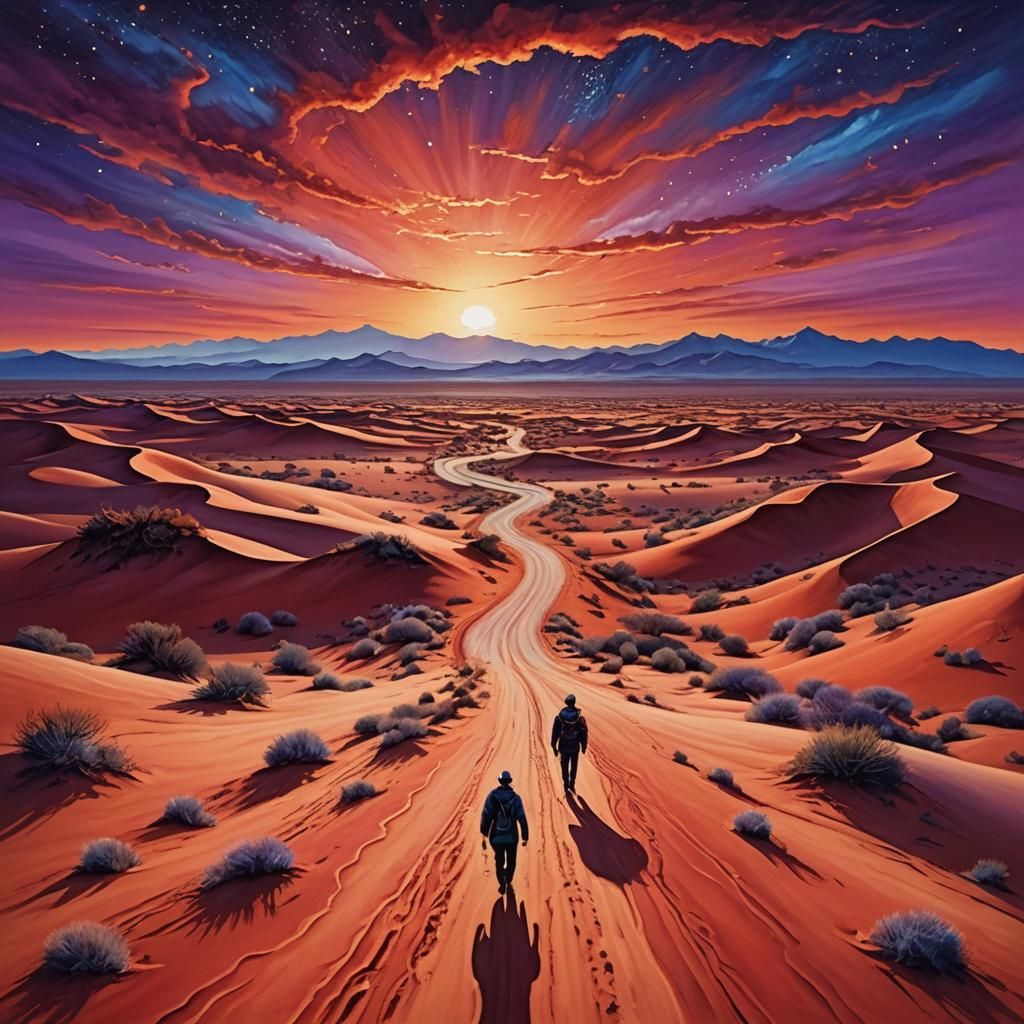 Surreal Desert Wanderer at Sunset: Expressionist Painting