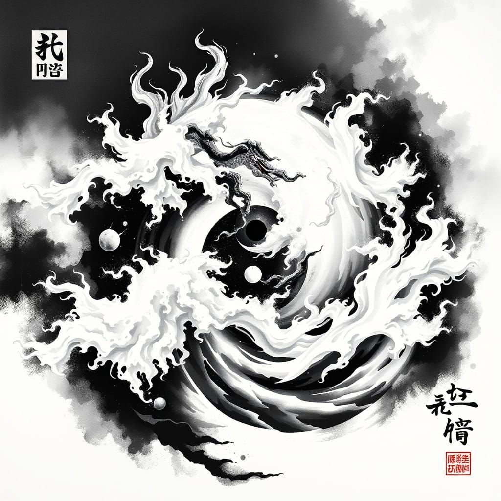 Harmonious Yin Yang Symbol in Noir and Blanc