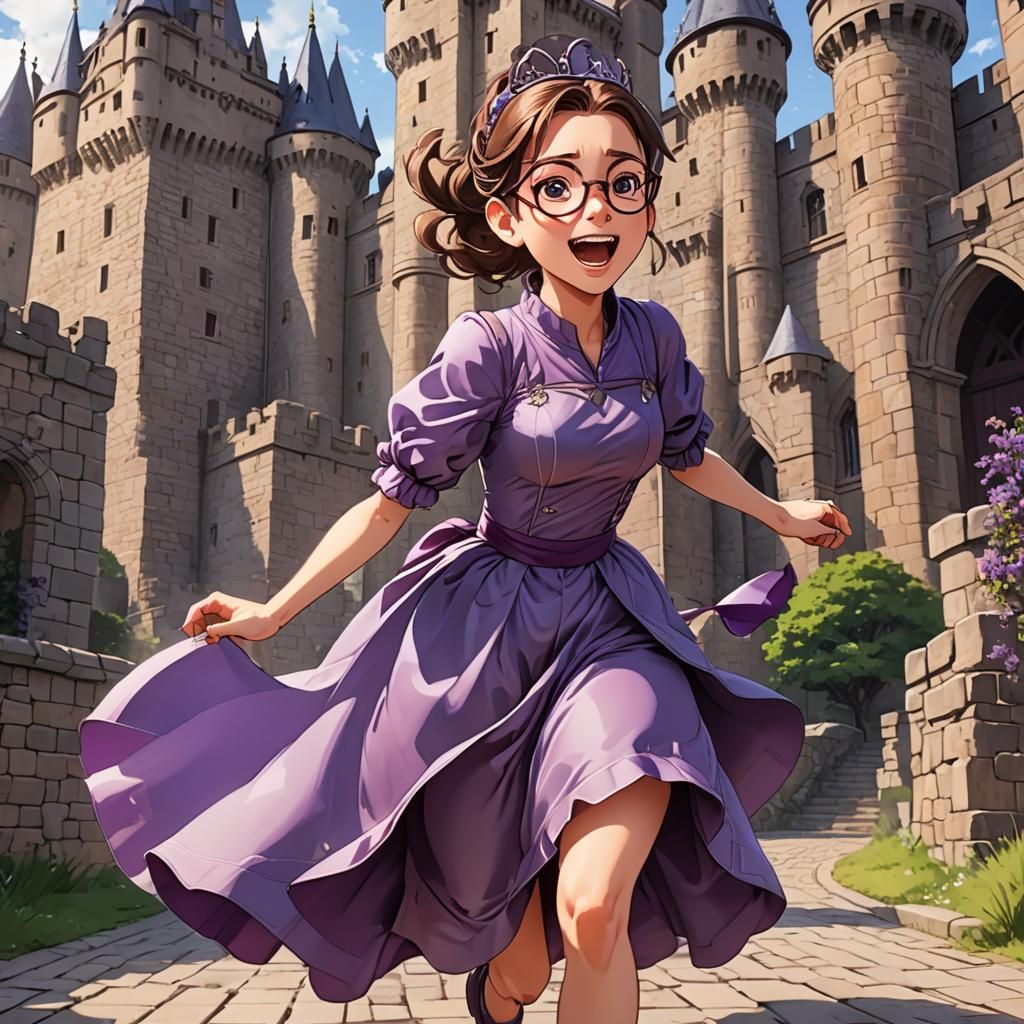Girl in Princess Gown Running to Castle: Anime Style