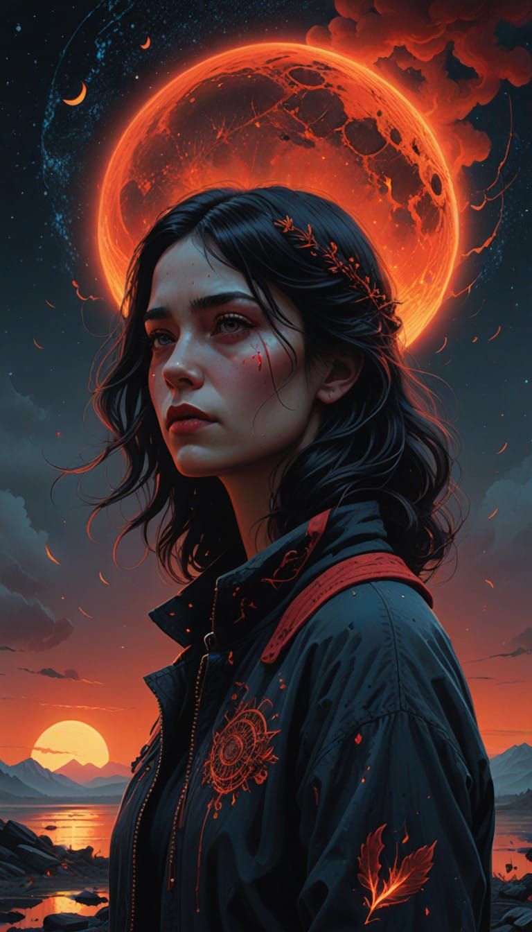 Mystical Woman Ignites Dark Night Sky with Fiery Sparks