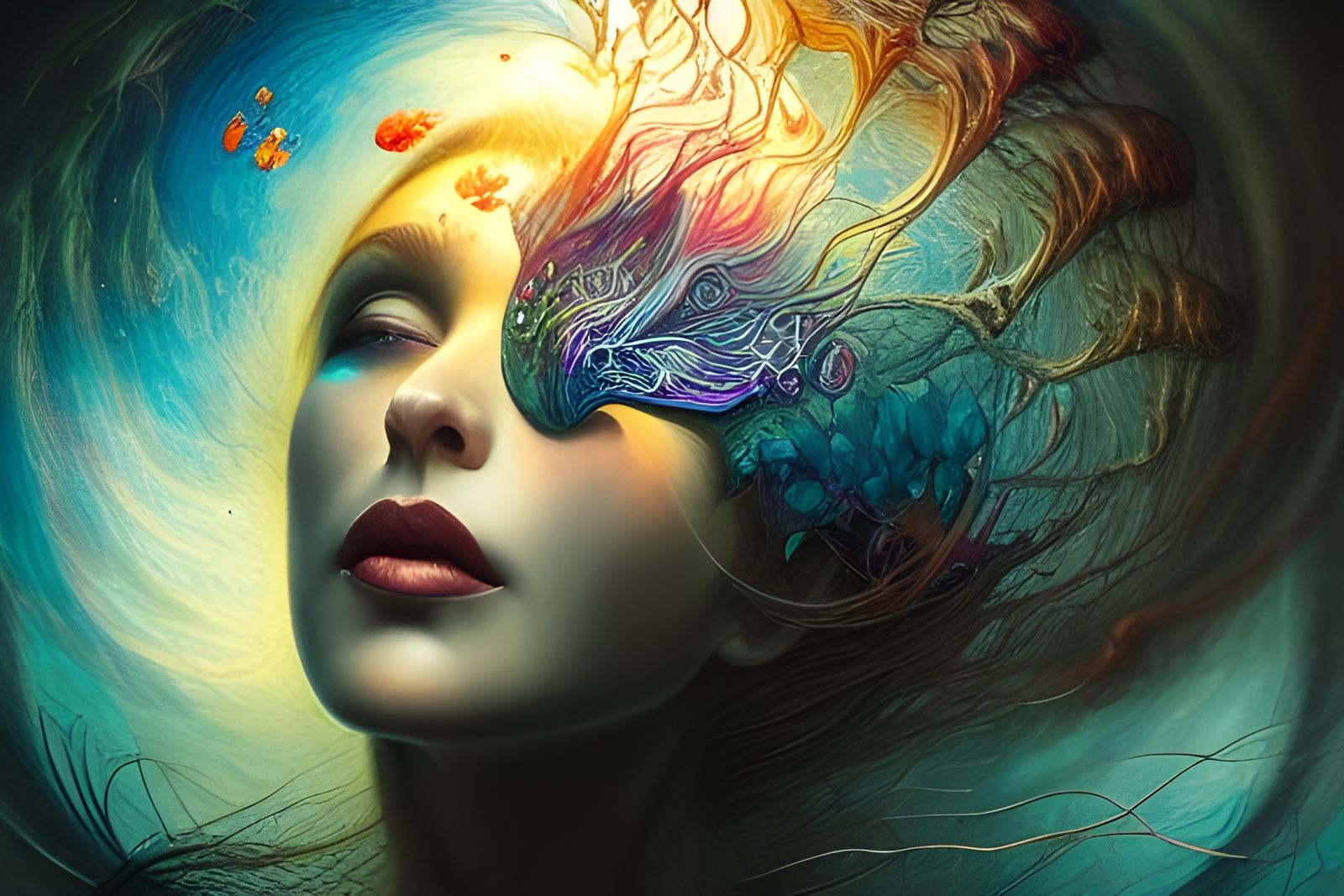 Surreal World Crashing Around Face, Digital Illustration