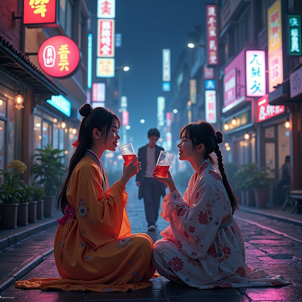 Cyberpunk Cityscape: Women in Hanbok and Kimono
