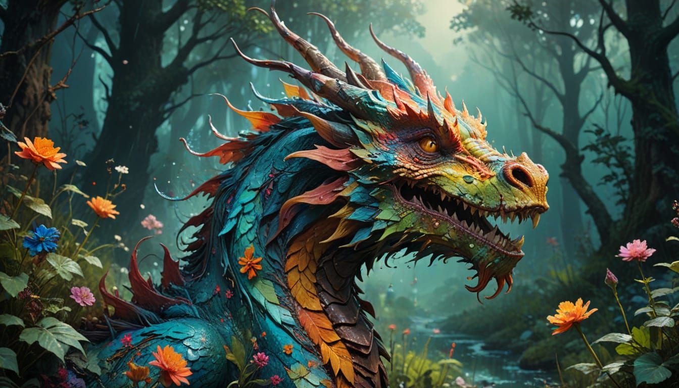 Floral Dragon in Wilderness: Impasto Concept Art