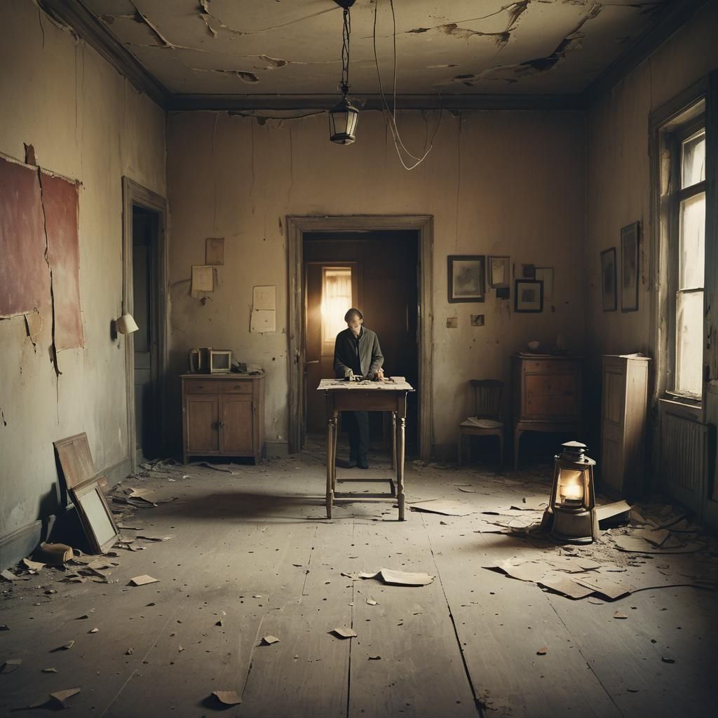 Nostalgic Figure in Abandoned Room as Concept Art