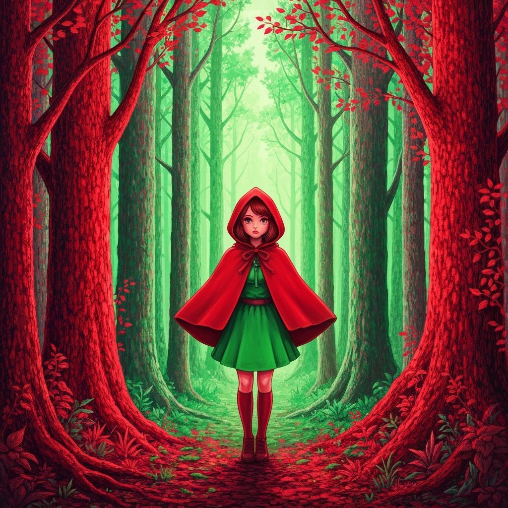 Red Riding Hood in Dense Forest, Gouache Painting