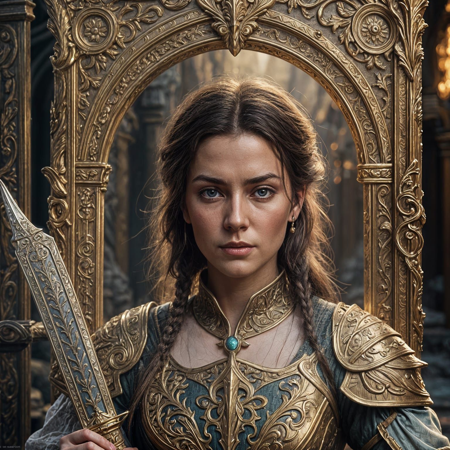Woman Holding Sword in Golden Frame: Matte Painting