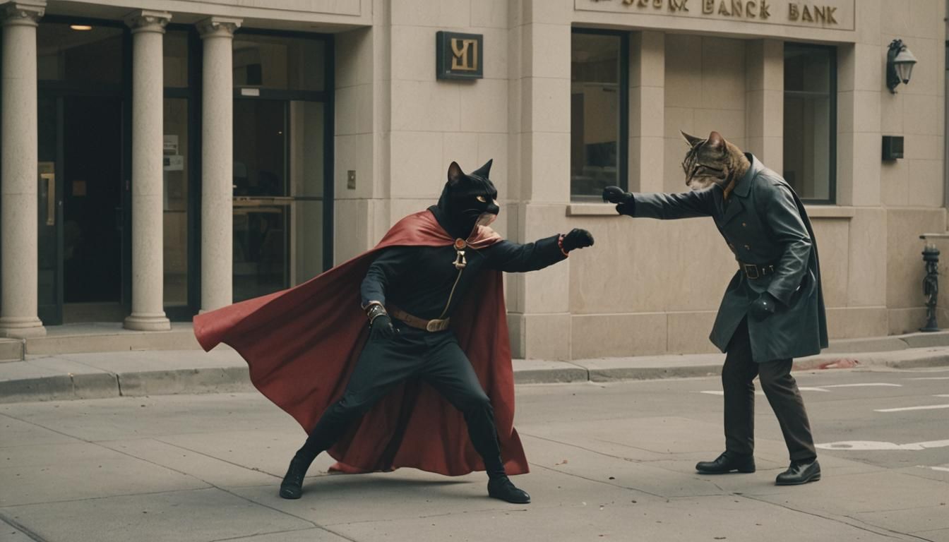 Caped Cat Battles Bank Robber: Cinematic Film Still