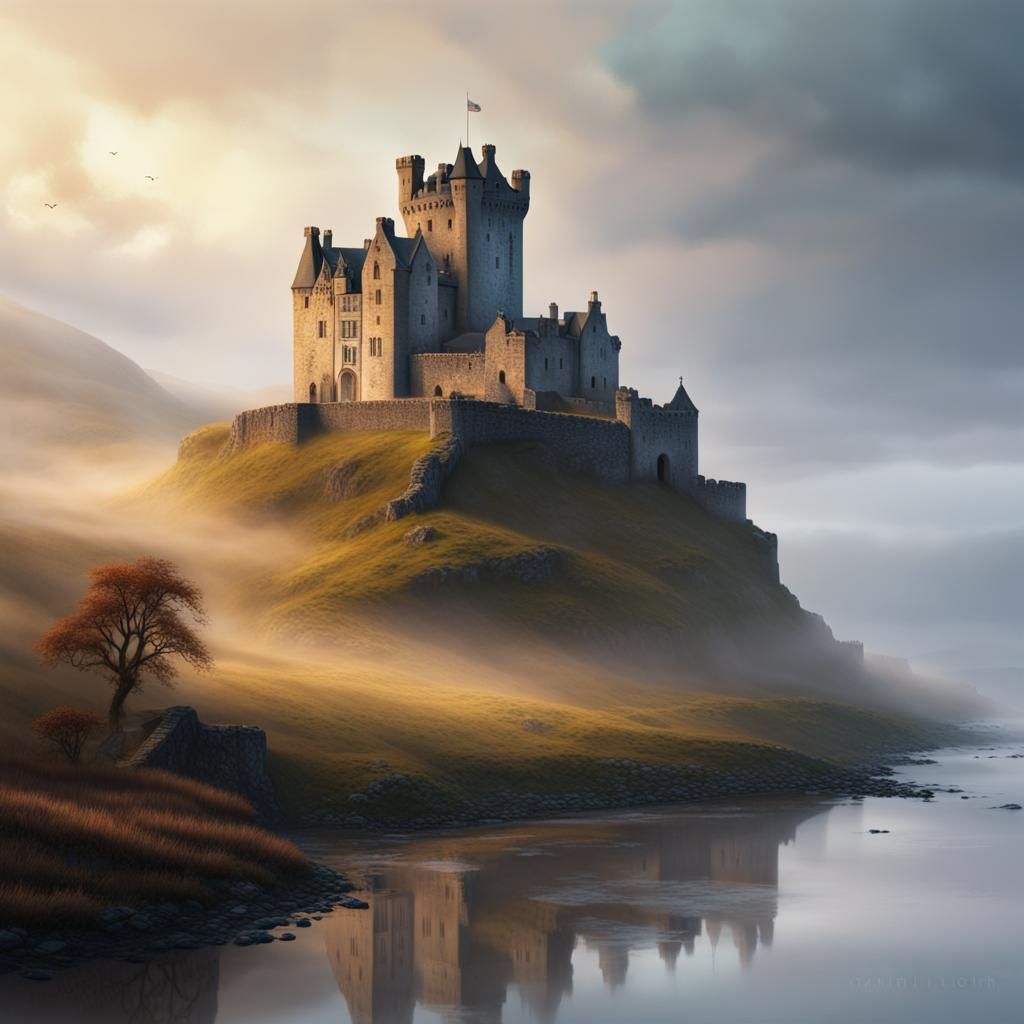 Old Castle in Scotland: Hyperrealistic Morning Fog