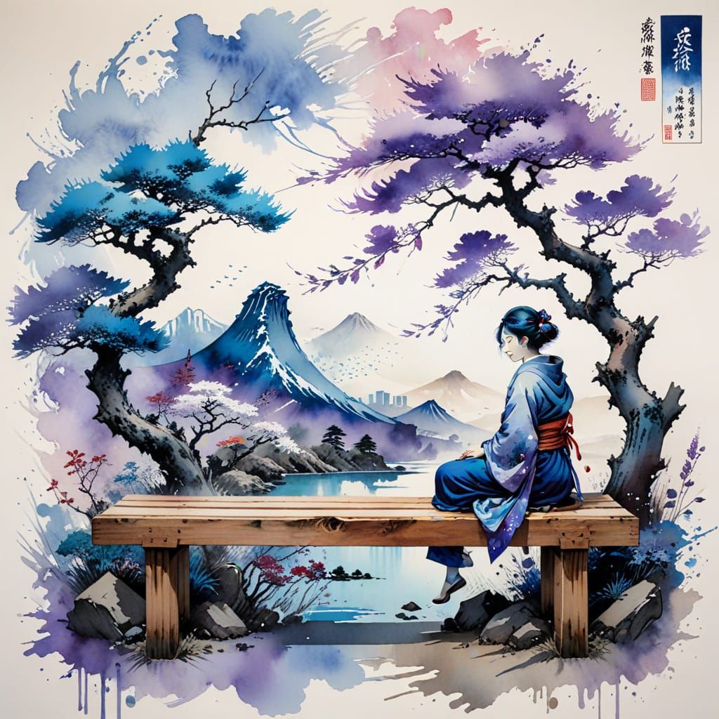 (a bench in Tokyo:1.5) Hokusai and Kanagawa and Yoji Shinkaw...