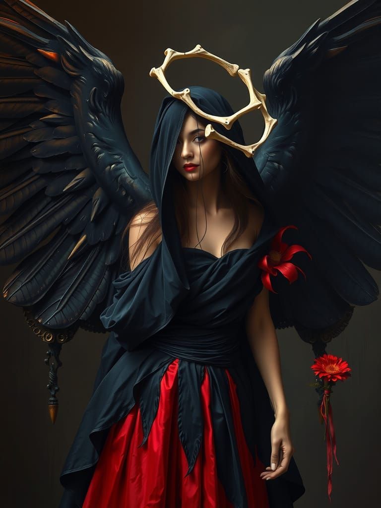 Dark Angel in Black and Red Dress with Bone Crown