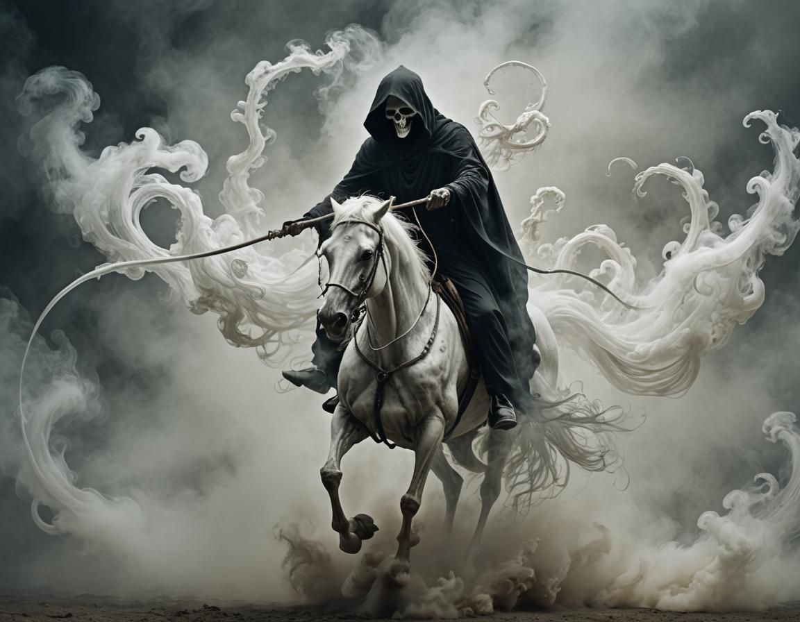 Ethereal Grim Reaper on Skeletal Horse in Dark Surrealism