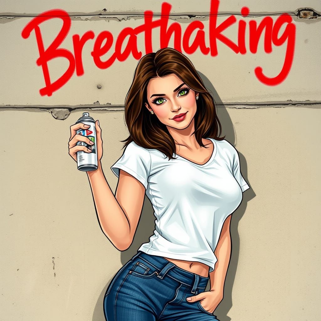 Seductive Pin-up Girl Leans Against Concrete Wall Graffiti