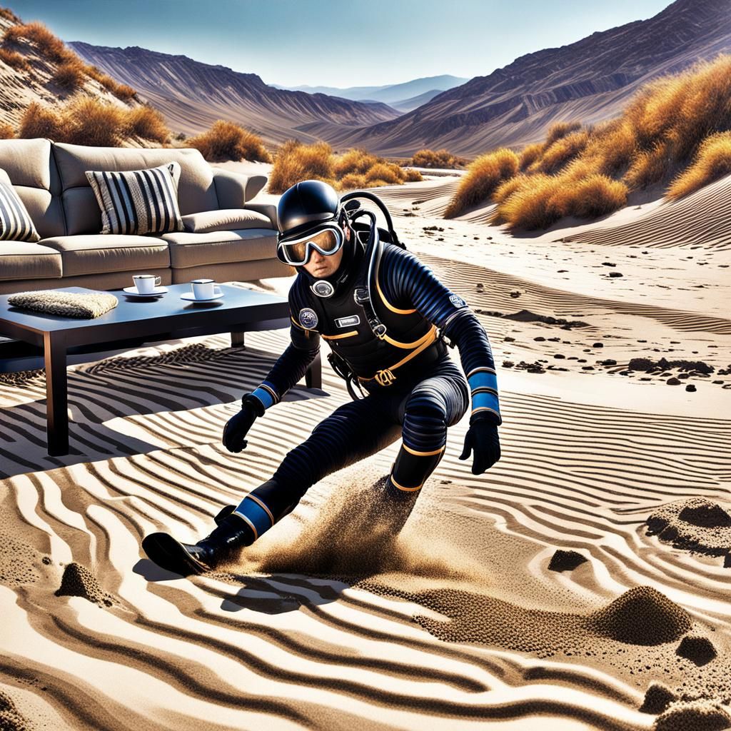Scuba Boy Descending into Riverbed with Furniture