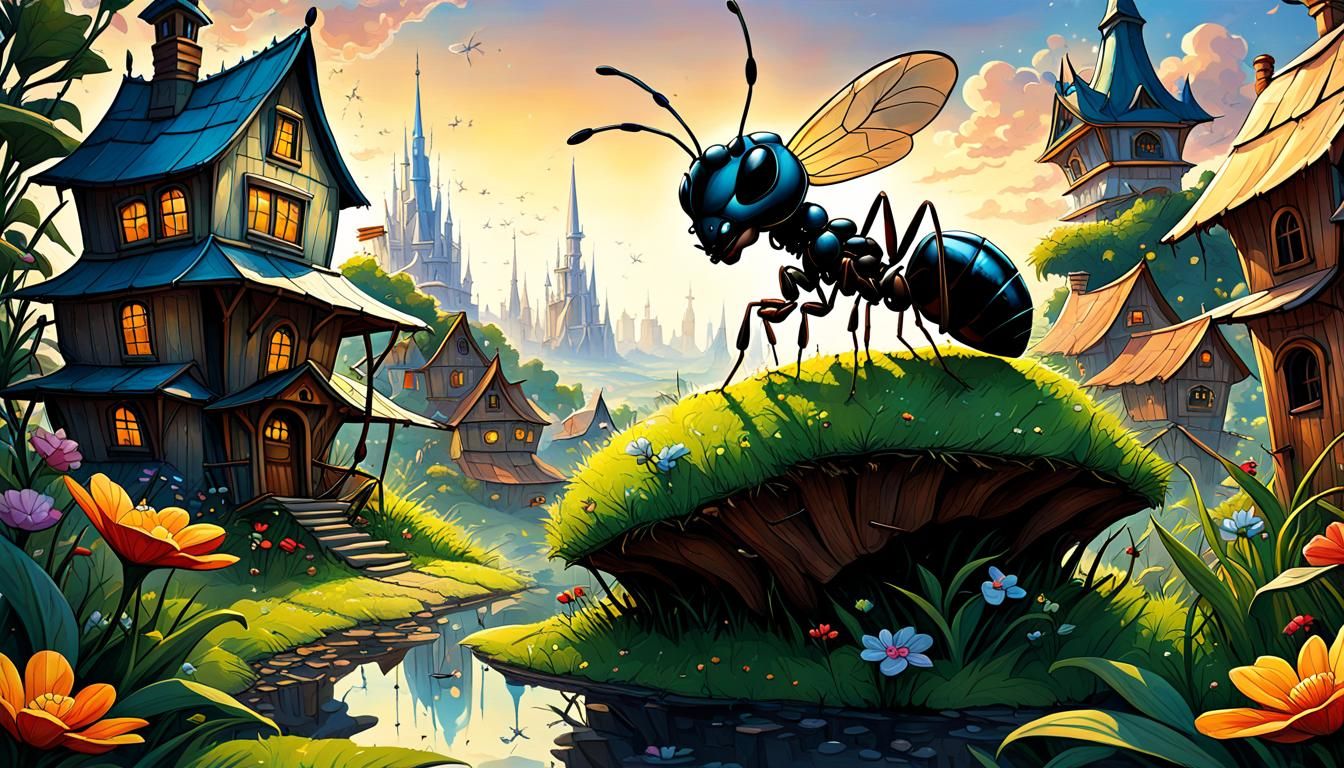 Joyful Cartoon Ant in Decopunk Microcosmos