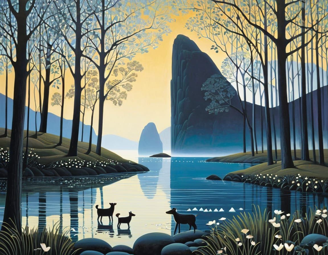 Abstract Figures in Vibrant Surreal Landscape