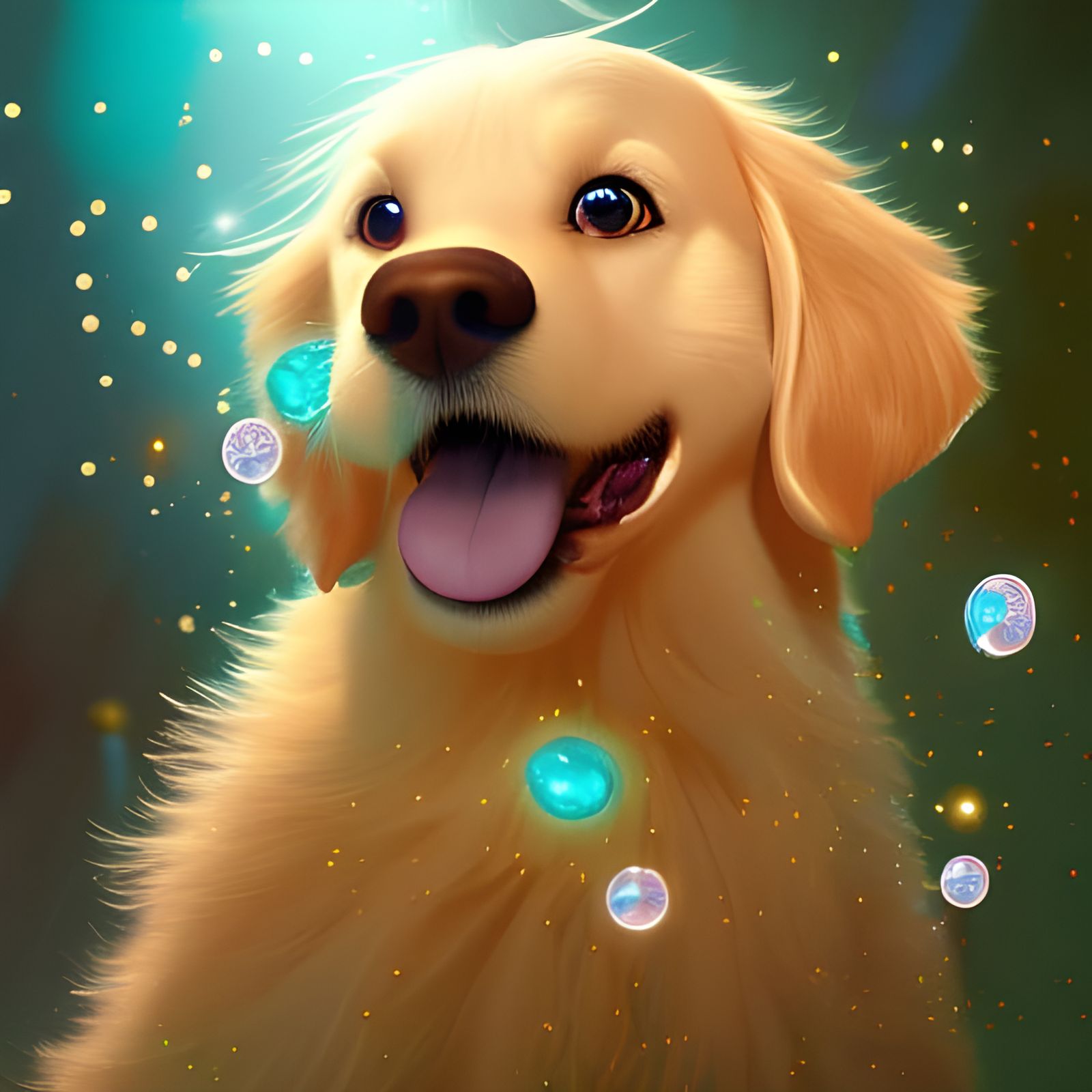 Pixar Style Golden Retriever with Turquoise Sparkles