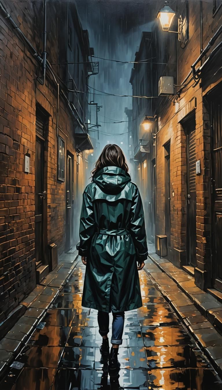 Woman in Raincoat in Dark Alley - Oil Painting
