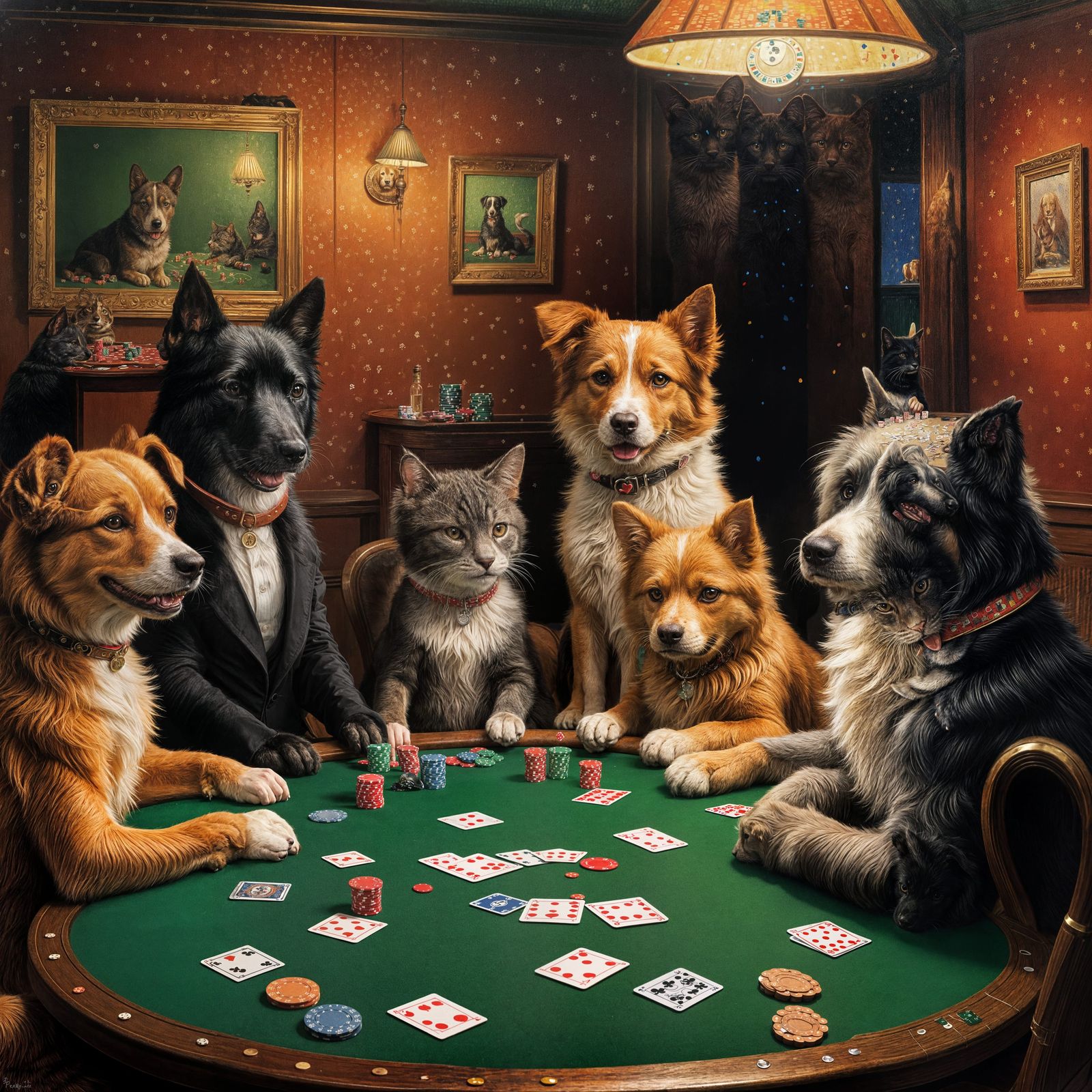 Dogs Playing Poker with Feline Friends in Pointillist Style
