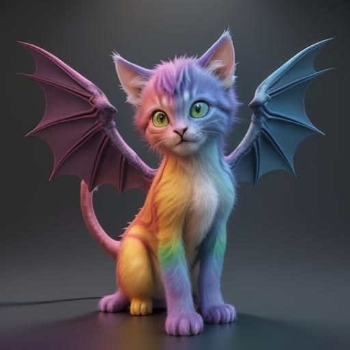 Adorable Rainbow Kitten with Dragon Wings as 3D Art