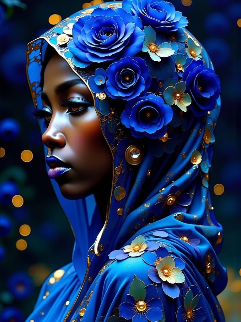 Exotic Woman in Cobalt Roses, Art Nouveau Portrait