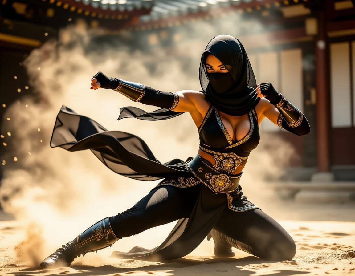 Female Ninja Fighter in Dynamic Air Kick Pose