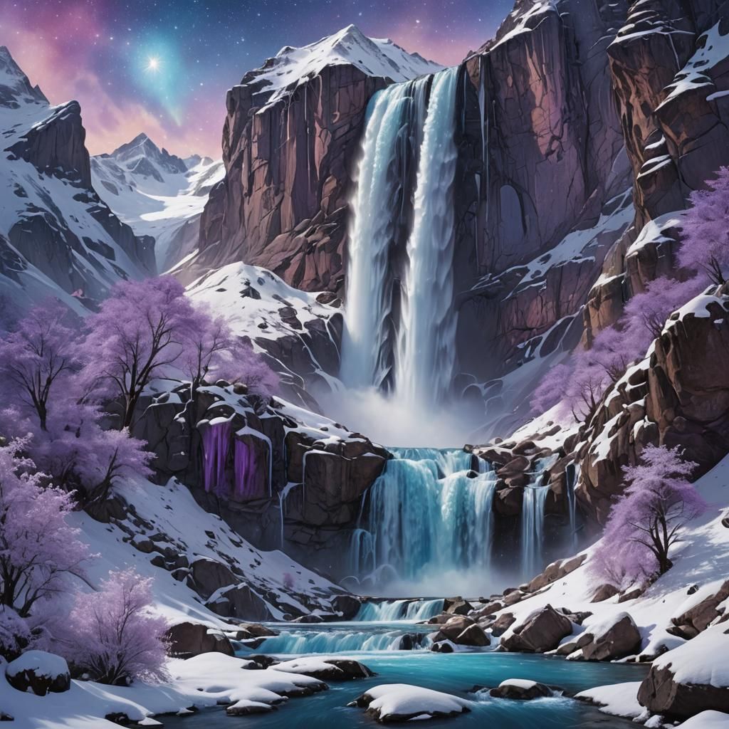 Cosmic Waterfall in Snowy Mountain Landscape
