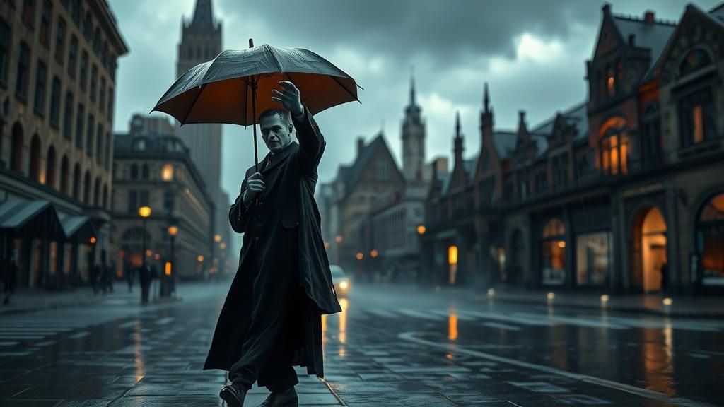 Frankenstein Walks in Rainy City at Dusk