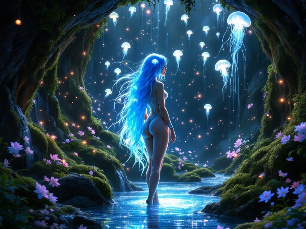 Enchanted Grotto Goddess in Neon Blue Hair