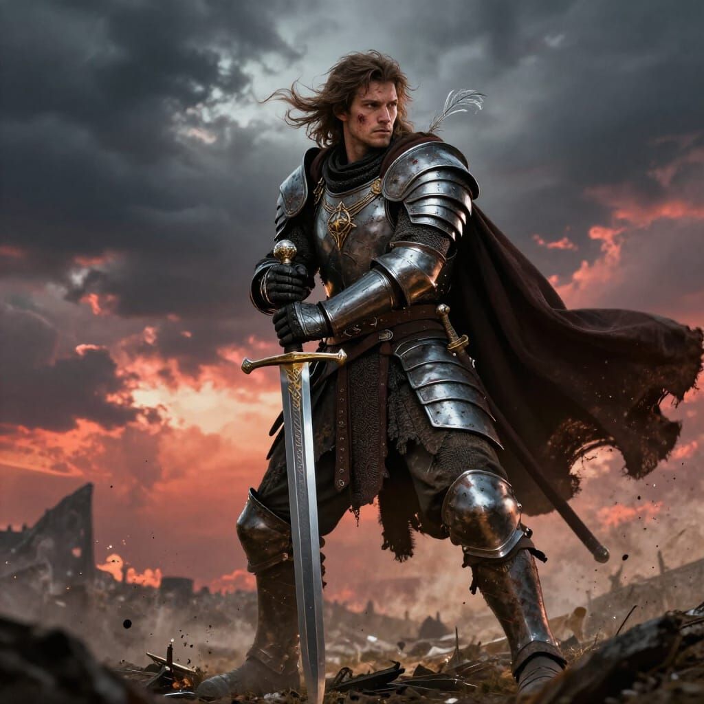 Epic Fantasy Warrior on Battlefield in Dramatic Sky