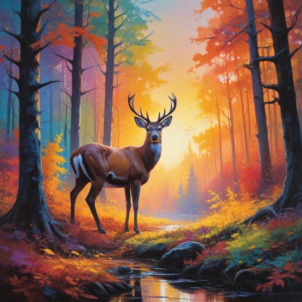 Surreal Autumn Landscape with Silhouetted Deer in Vibrant Oi...