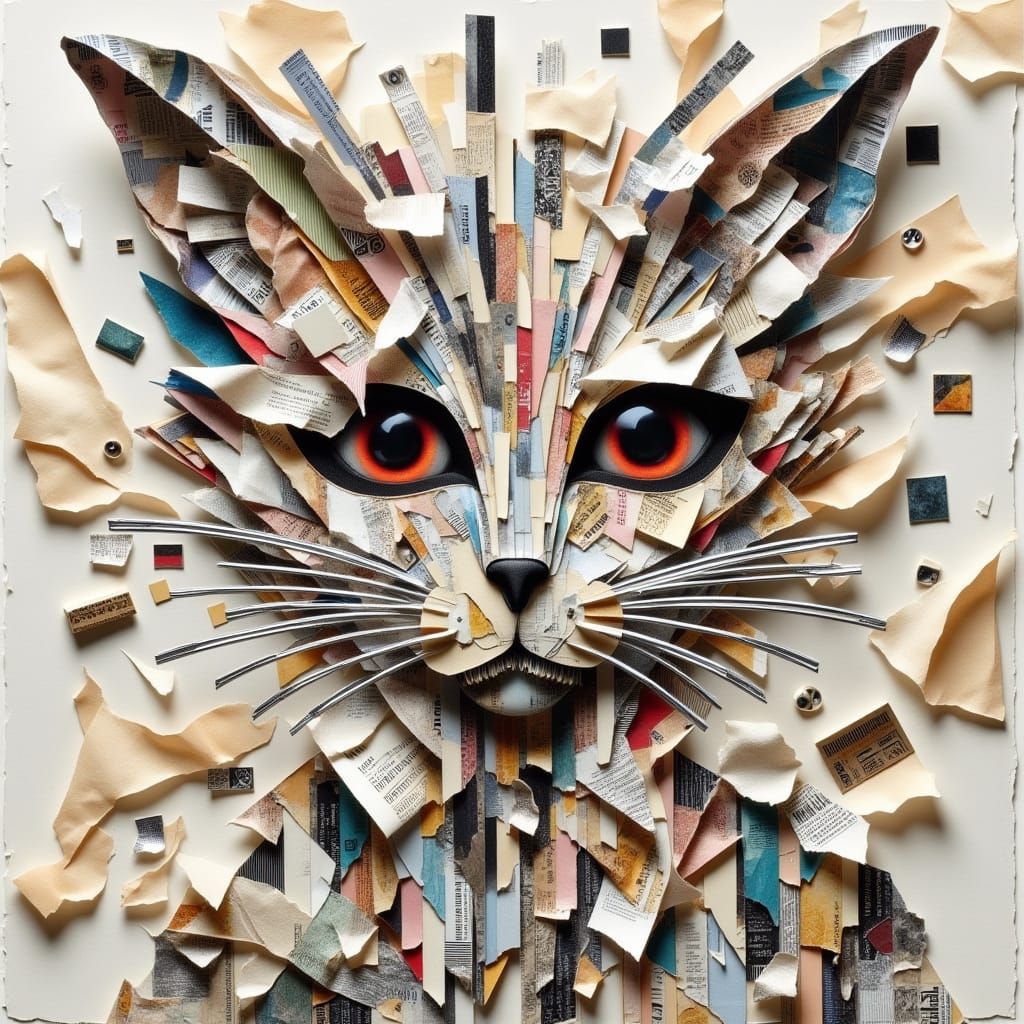 Surreal Whimsical Cat Collage in Textured 3D Style