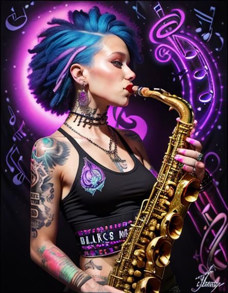 Punk Rock Jazz Saxophone Portrait in Blacklight Art