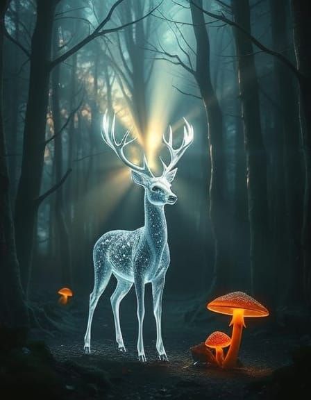 Silver Deer in Crystal Forest: Surreal Oil Painting