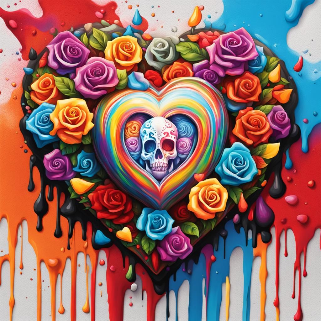 Colorful Mexican Flaming Heart Graffiti Art
