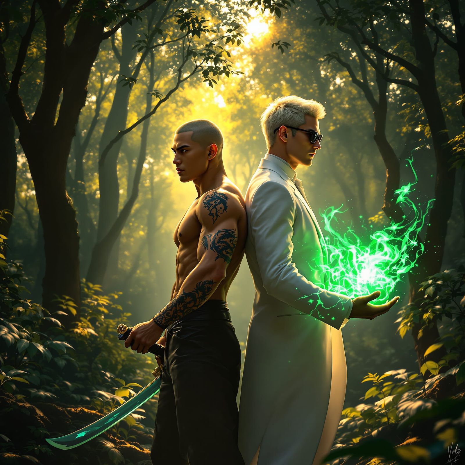 Mystical Forest Duel: Dragon Tattoo Warrior & Energy Mage