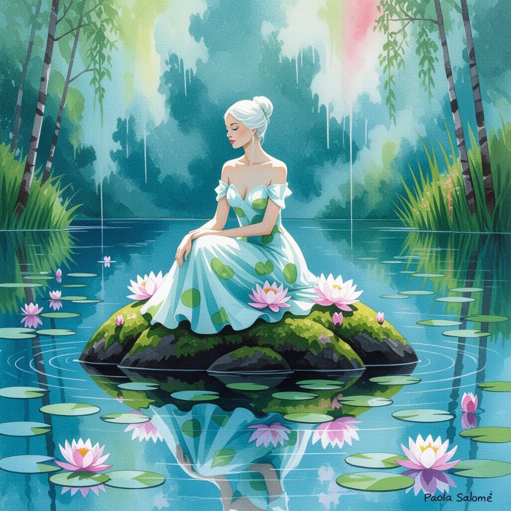 Woman in Lily Pad Dress on Still Lake