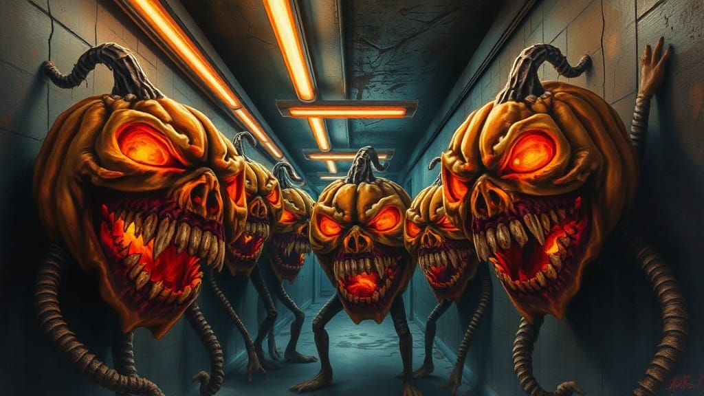 Grotesque Jack O'Lanterns in Decaying Hall, Watercolor Paint...