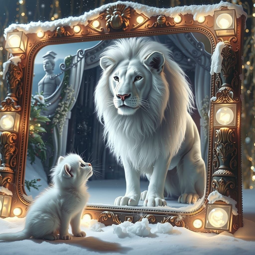 A photo of a small white kitten sitting on a snowy ground. The kitten is gazing up at a large, ornate mirror. The reflec...