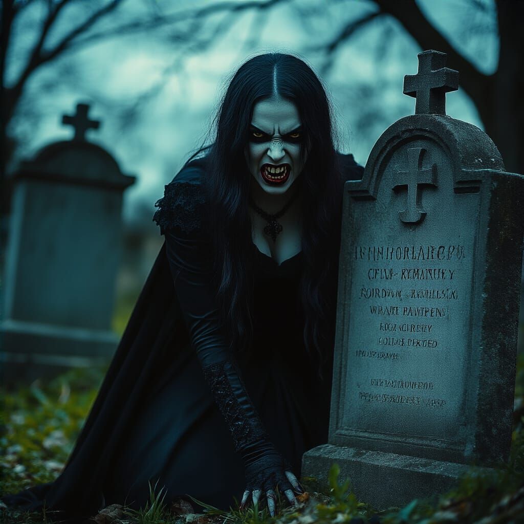 Vampire Woman Snarling in Graveyard Cinematic Photo