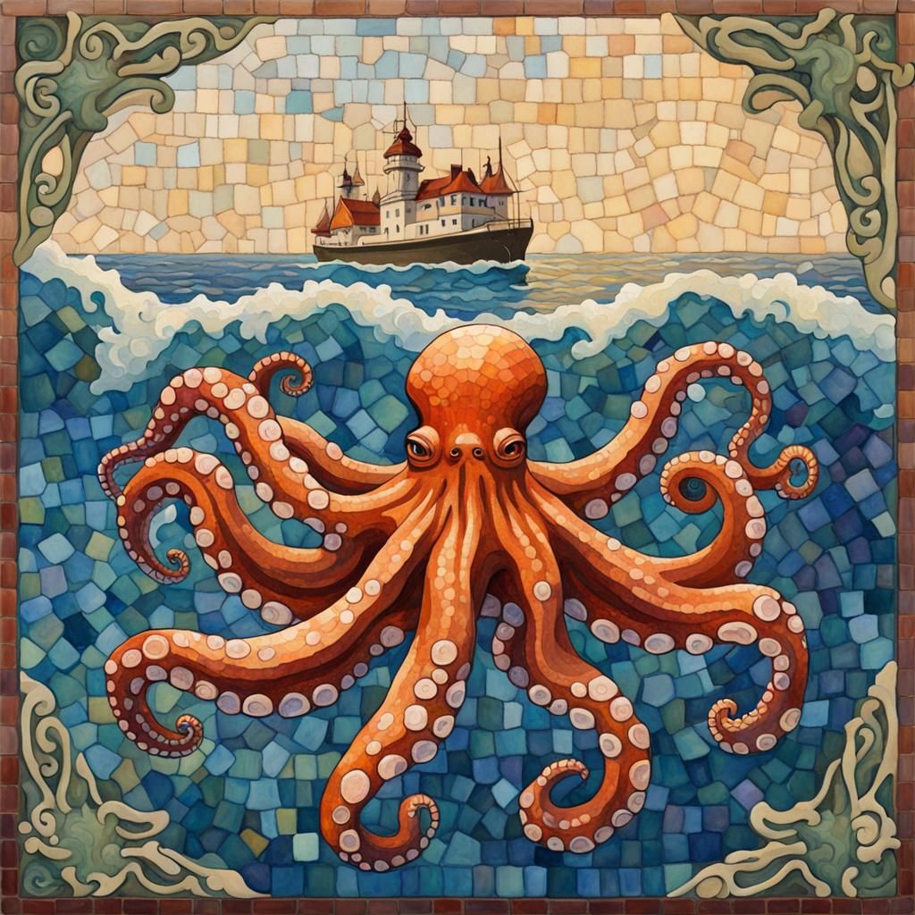 tile mosaic, octopus in the ocean, style of Laurel true, art nouveau