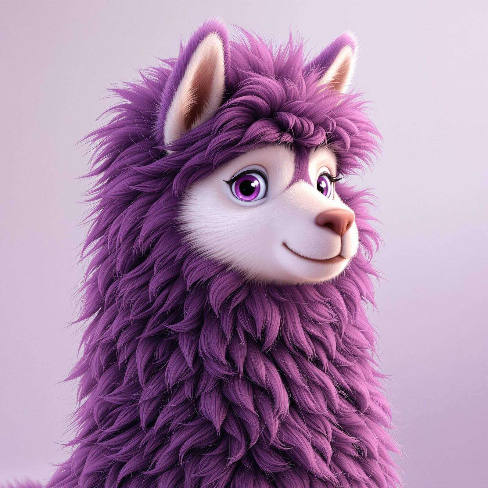 Vibrant 3D Realistic Cartoon Llama Husky in Pastel Purple